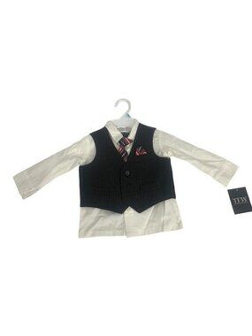TFW Boys 4-Piece Outfit Set Size 3/6 Mo Black Pinstripe Vest Shirt & Red Tie